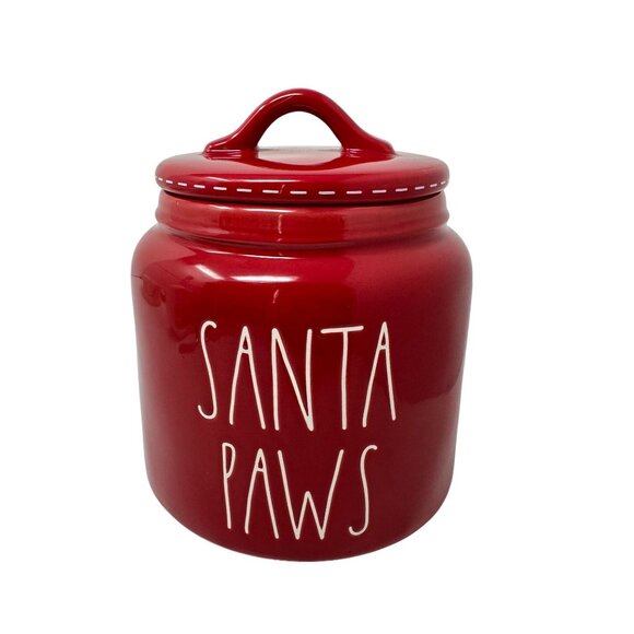 Rae Dunn Red Santa Paws Ceramic Treat Jar Canister Christmas Themed Pet Storage - Picture 1 of 15